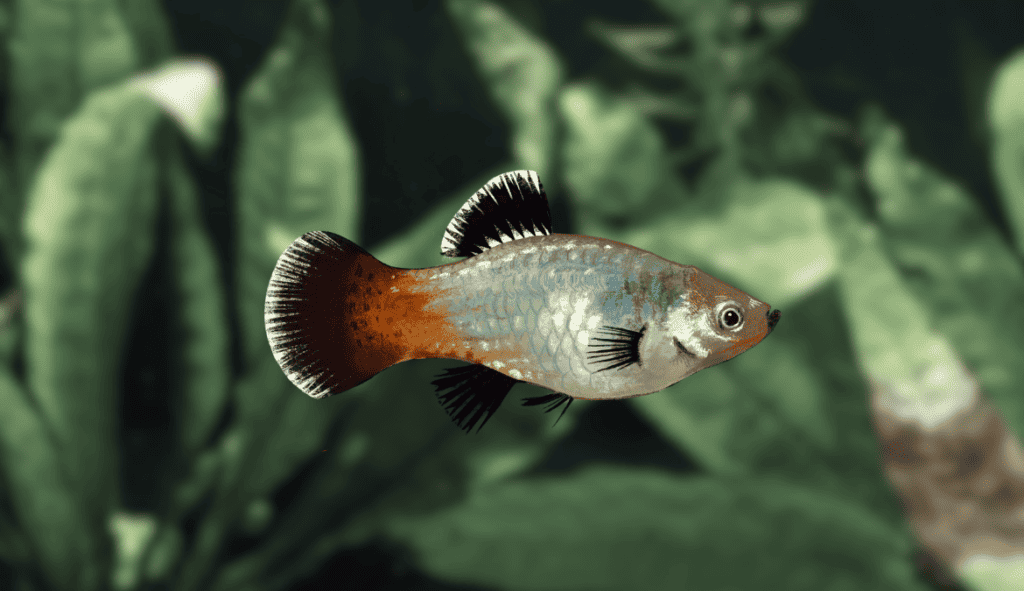 Image of a platy with black fins and a gradient body